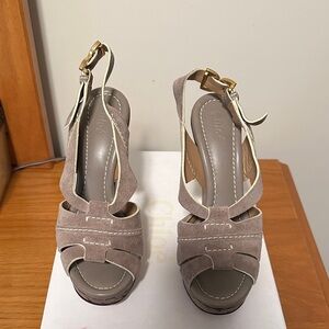 Chloe Taupe Suede Platform Slingback Heels with Gold Buckles